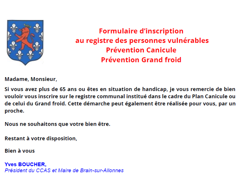 Inscription au registre des personnes vulnérables Canicule et Grand Froid