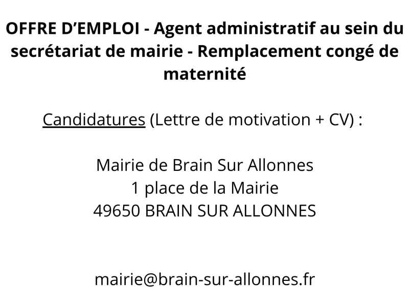OFFRE EMPLOI - Agent administratif polyvalent d’accueil au sein du secrétariat de mairie (Remplacement d’un agent en congé de maternité)